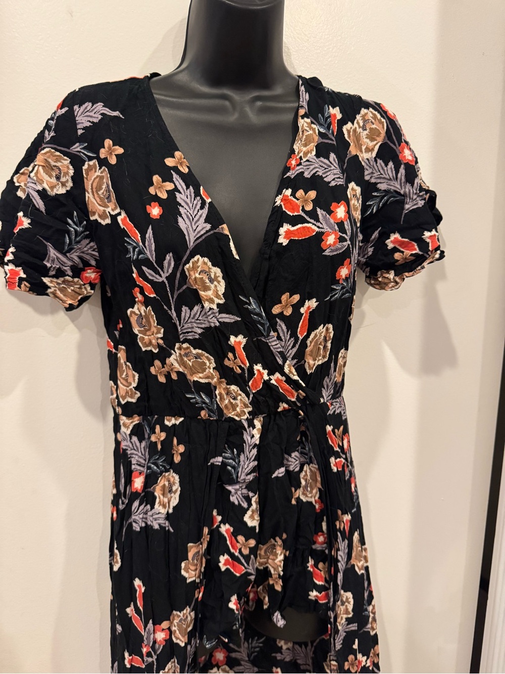 Black Floral Wrap Romper Dress